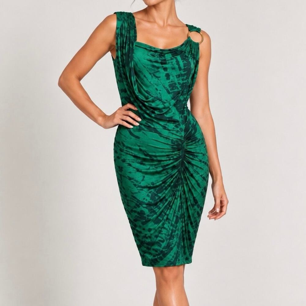 Michelle Jonas Green Tie Dye Ombre Gold Ring Ruched Dress Sz Small Resort Travel